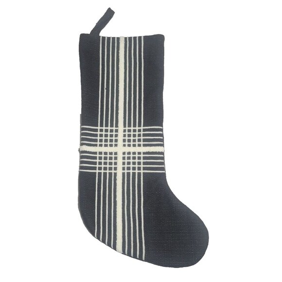 Hobby Lobby Black Burlap 17.5" Christmas Stocking White Stripe Plaid Holiday Dec - Picture 5 of 5